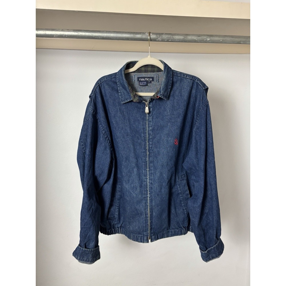 Y2K 90s Vintage Nautica Full Zip Denim Harrington Jacket Men's L Bomber Blue